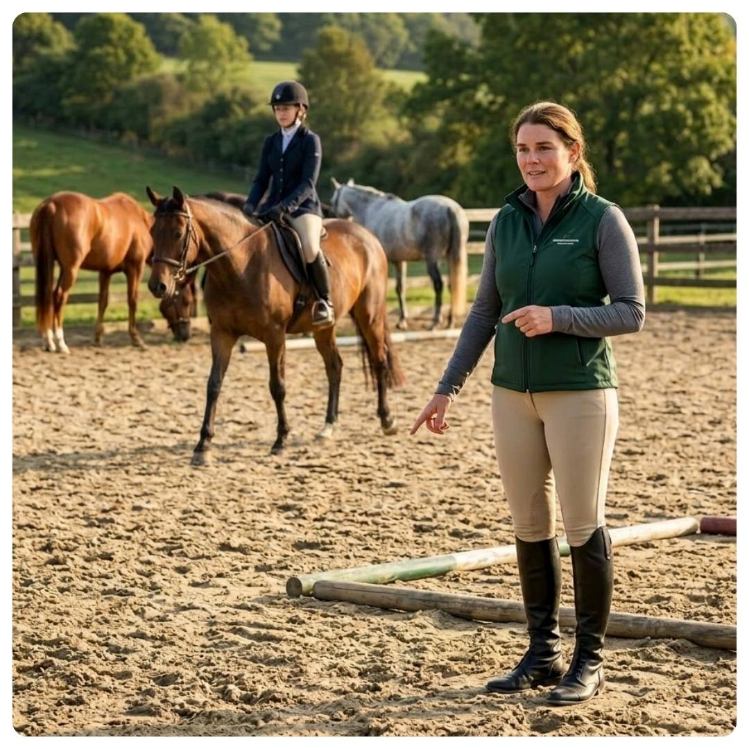 Woman in equestrian attire standing next to a horse in an outdoor setting with other horses in the background.
