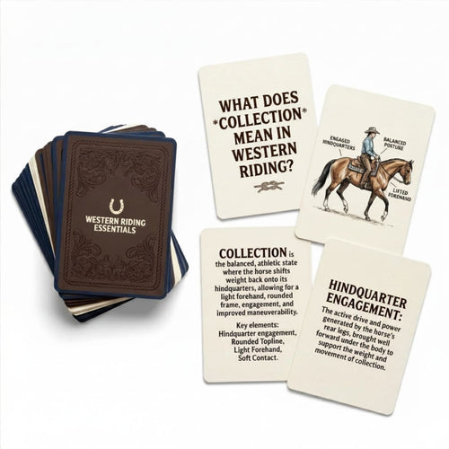 Set of educational cards about western riding techniques on a white background