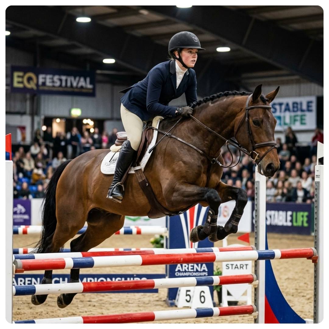 Horse and rider jumping over an obstacle at a equestrian event.