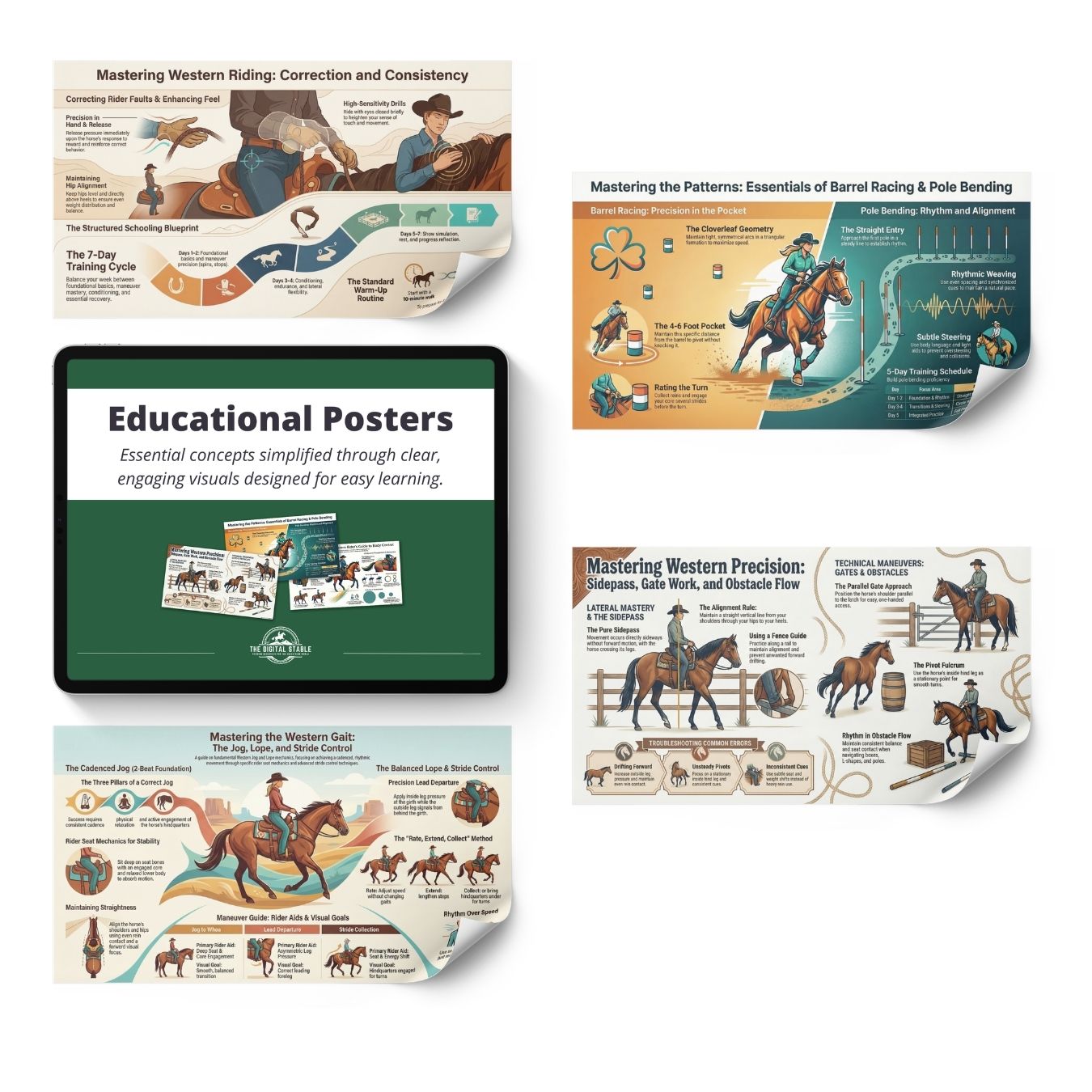 Educational posters on horse riding techniques and patterns on a white background